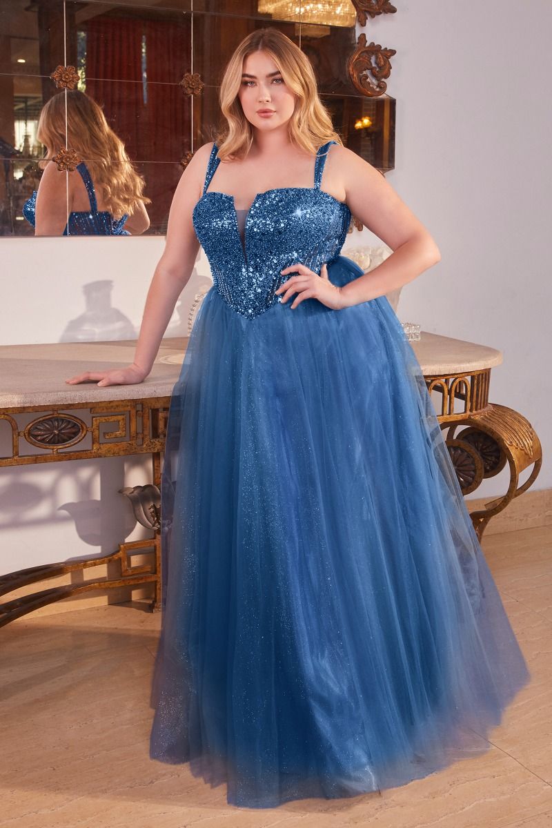 Blue, Gold & Purple Plus Size Glitter Corset Ball Gown | Sparkly Tulle Formal Dress with Straps CDCD0217C-0